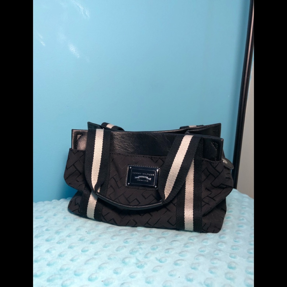 Tommy Hilfiger Black Tote with Cream Striped Handles
